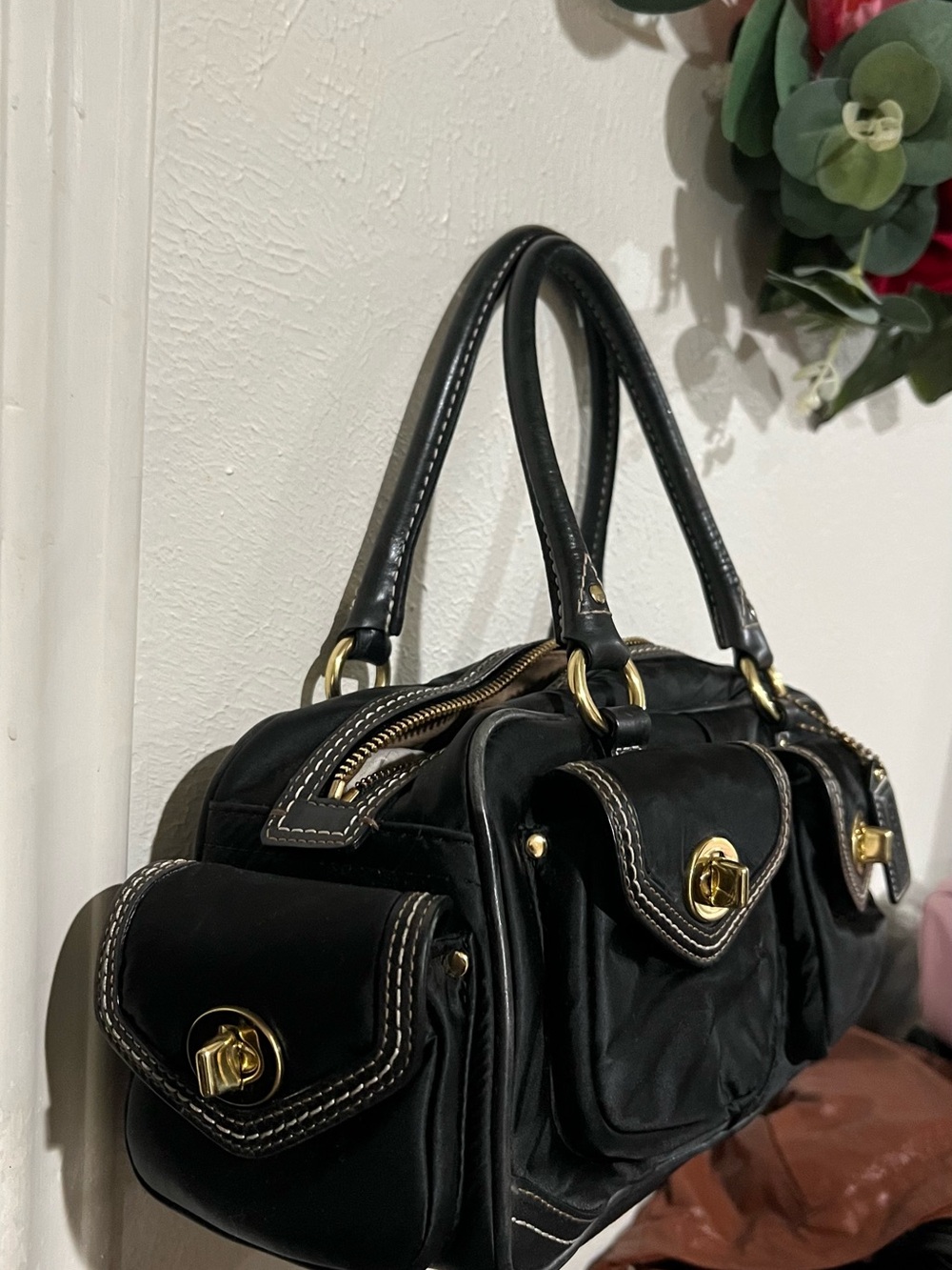 Coach Black Sateen Satchel Handbag with Gold Hardware 4452